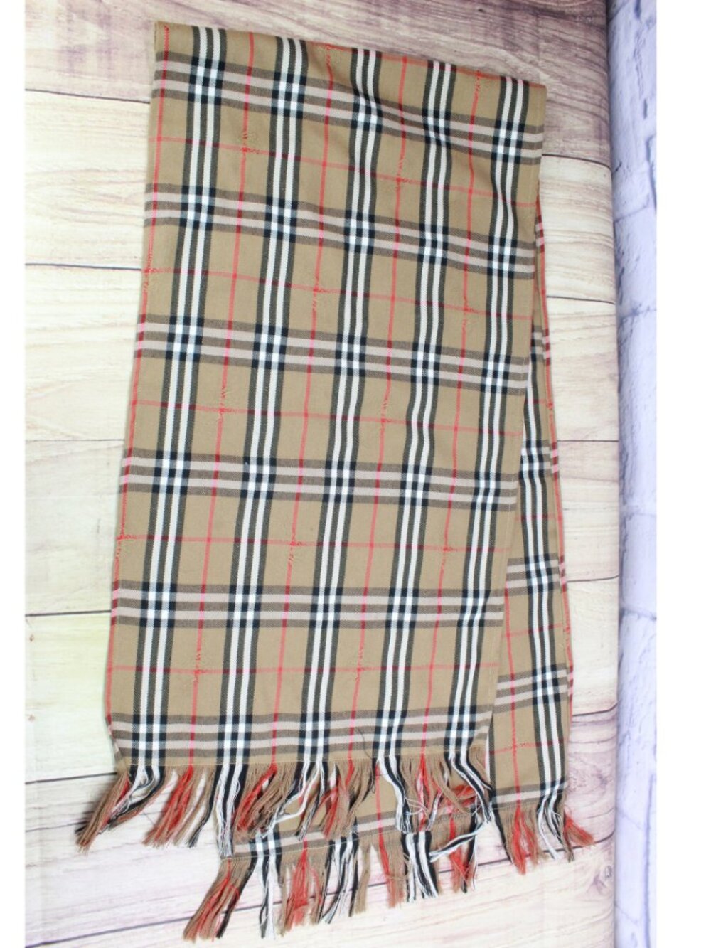 Vintage 80s Unisex Beige Plaid Fringe Rectangle Scarf Long Length 14x52